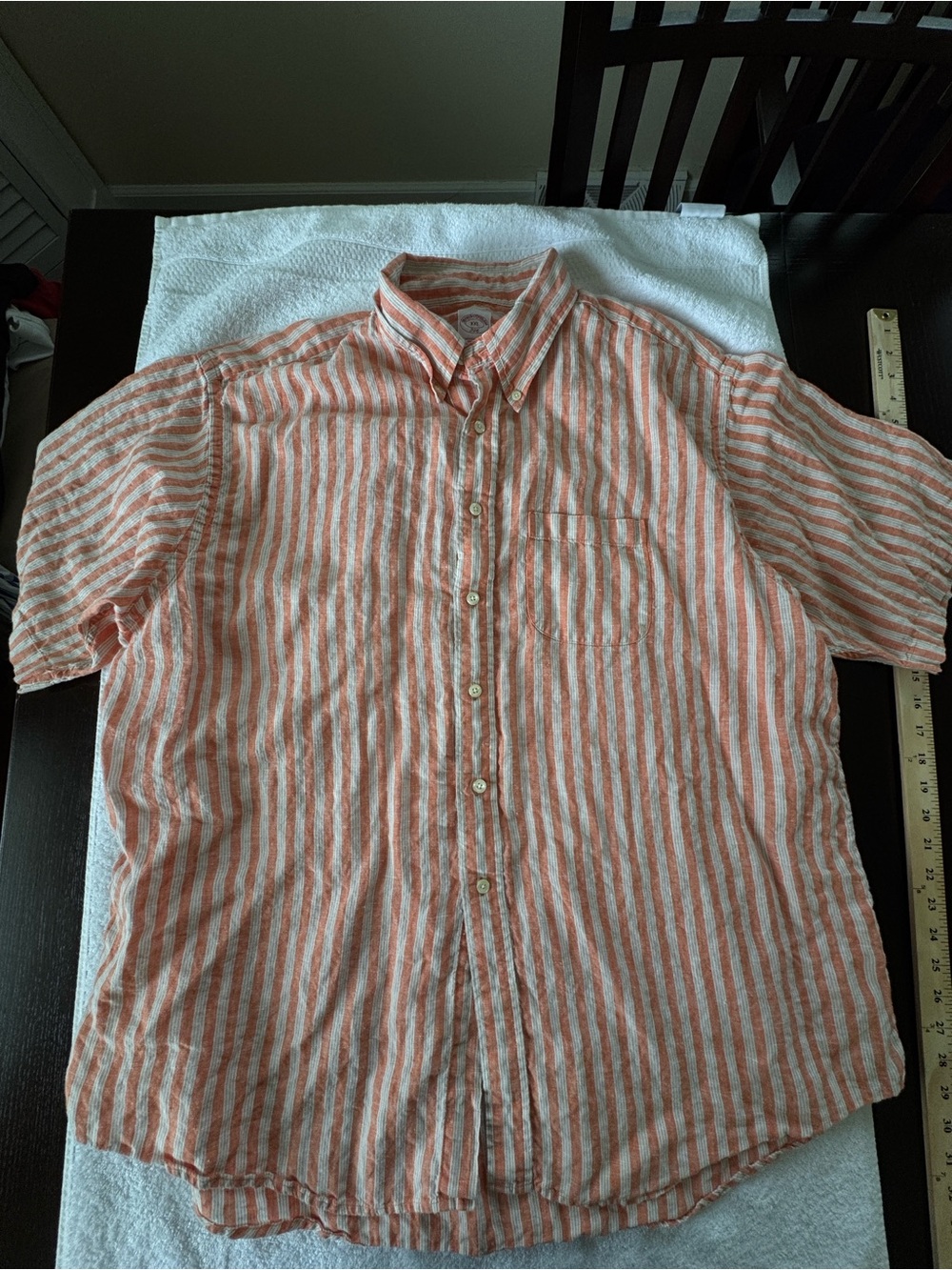 Brooks Brothers Men's Linen Short Sleeve Button-Up Shirt, Peach W/ Stripes, XXL